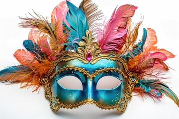 Colorful carnival mask with feathers on white background