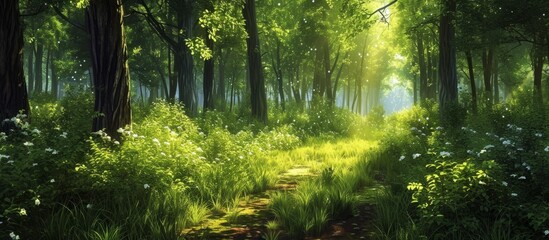 The suns rays filter through the foliage of the trees in the lush forest, creating a beautiful natural landscape