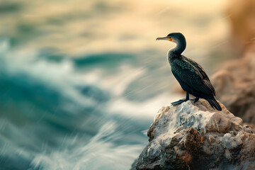 Fototapeta premium Socotra Cormorant Surveying from Limestone Rock with Water Vistas