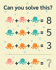 Math riddle for kids and adults. Picture equations, fun picture math worksheet. Vector format