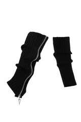 Subject shot of black ribbed leg warmers with a zipper. Leg warmers are isolated on the white background. Side view.