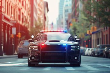Police car patrols in city street