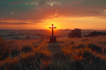 Experience a moment of profound solitude and contemplation as the empty cross on the hill is bathed in golden light, casting a long shadow on the ground, evoking a sense of peace and reflection - obrazy, fototapety, plakaty