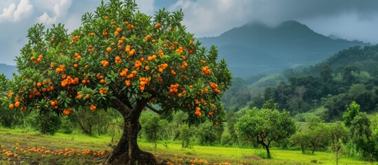 Lush tree bearing ripe orange fruits in a bountiful harvest season