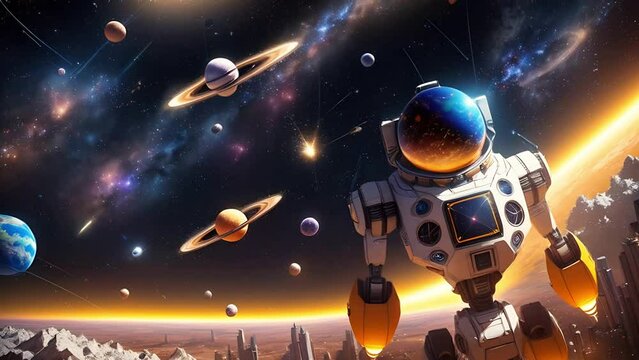 Universe and space with galaxies, stars and planets, robot watching them, bright lights in space.