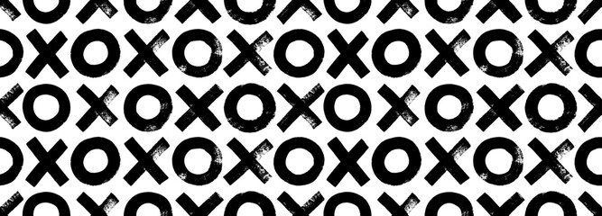 Grunge seamless banner design with crosses and circles. Seamless pattern with tic tac toe motif.