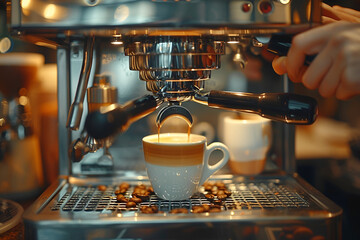 Close-up anonymous barista hands using professional coffee machine making hot espresso and pouring coffee to mug in cozy cafe - obrazy, fototapety, plakaty