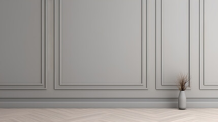 Fragment of an interior made of classic gray panels. Gray wall background with copy space in an empty room with gray parquet floor. Classical wall molding decoration in modern empty luxury home - obrazy, fototapety, plakaty