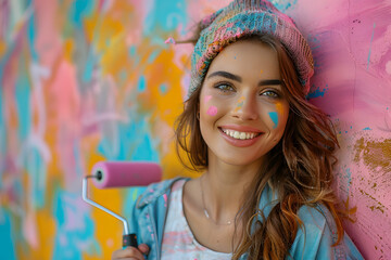 happy woman painting interior wall with paint roller in new house