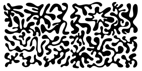 Organic random irregular shapes, abstract freeform liquid elements. Amoeoba form smooth blobs, contemporary random stains. Vector illustration of black, round, uneven, squishy icons.