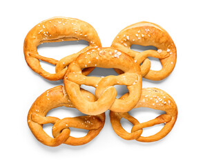 Soft pretzels on white background