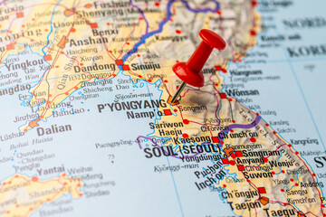 Red map pin on a map of Pyongyang.