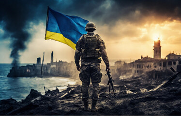 back photo of the army military warrior holding hands up with Ukrainian flag, victory concept, backlight, , , dark toning of destroyed burned dark city with the seaside on the right side, HD - obrazy, fototapety, plakaty