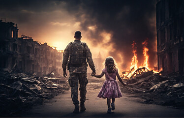 back photo of the army military man walking with a little girl in dress holding hands , victory concept, backlight, , , dark toning of destroyed burned city, HD. - obrazy, fototapety, plakaty