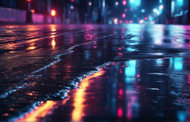 Wet asphalt, reflection of neon lights, a searchlight, smoke. Light is going up. . HD quality....