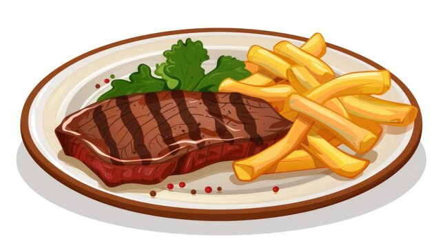 Delicious beef steak and french fries on a plate in vintage style illustration. generative AI image