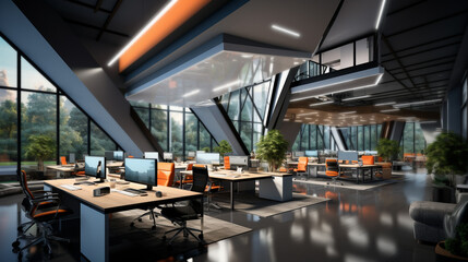 Modern coworking office interior with computers and park view. - 741033560