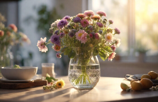 High quality image, 8K, FBeautiful decorative flowers in a glass vase on the kitchen table. Soft and magical lighting of a fresh morning, amazing sun, high detail, perfect precision, perfect compositi