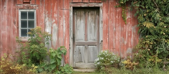Fototapeta na wymiar A rustic red barn with a wooden door and window, nestled among lush green plants