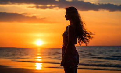 Backlight, Young woman on the seashore. on the sunset, silhouette of a woman in the beach. Perfect composition, beautiful detailed , 8k photography, photorealistic , soft natural perfect light
