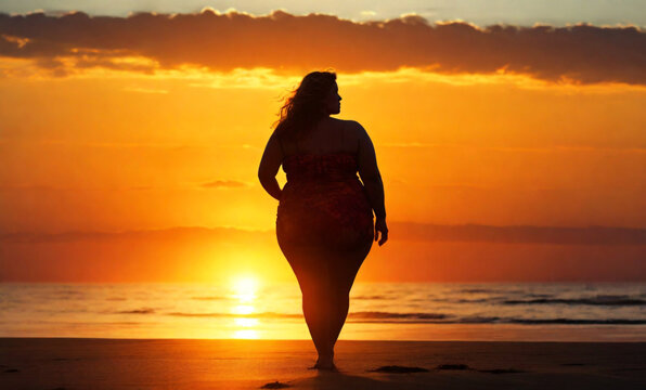 Backlight, image of fat woman on the sunset, silhouette of a woman in the beach. Perfect composition, beautiful detailed , 8k photography, photorealistic , soft natural perfect light