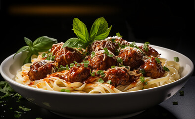 Mouthwatering Moments, Realistic Spaghetti Pasta with Meatballs and Tomato Sauce, Representing the Pleasures of Healthy Eating. Selective focus. - 741033971