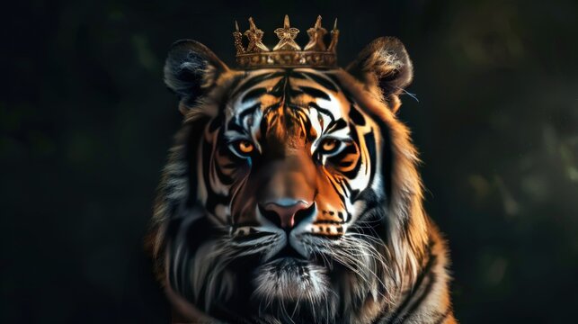 Close-up portrait of tiger wearing crown. generative AI image