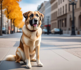 Portrait of Anatolian Shepherd Dog with a city street on a background