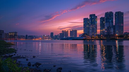 As the sun sets over the horizon, the city skyline reflects upon the calm waters, creating a breathtaking outdoor landscape of towering skyscrapers and majestic tower blocks in the afterglow of the e