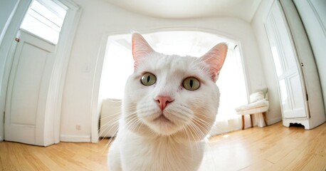 Wide angle photo with cat, who makin selfie on fisheye lens. Emotion headshot composition. Centered object. Natural light photo. Animal communication and social media concept.