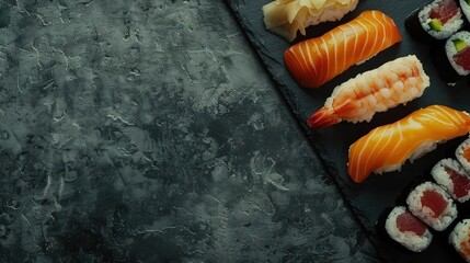 Various sushi on slate plate on isolated background. Copy space. generative AI image
