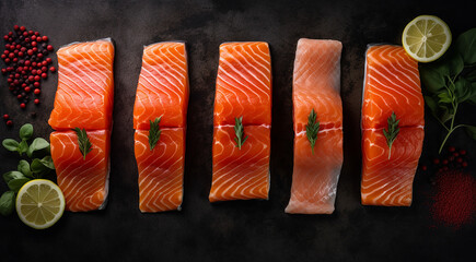 Salmon, trout, steak, slice of fresh raw fish, on dark wooden. Fresh raw salmon fillet with culinary ingredients, herbs and lemon on black background - 741034398