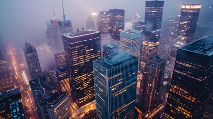 Amidst the foggy urban metropolis, towering skyscrapers illuminate the night skyline, showcasing the bustling downtown cityscape and its commercial buildings