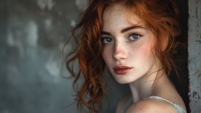A fiery-haired woman with a face full of freckles gazes confidently at the camera, her long brown locks cascading over her shoulders and her piercing eyes framed by thick lashes and arched brows, cap