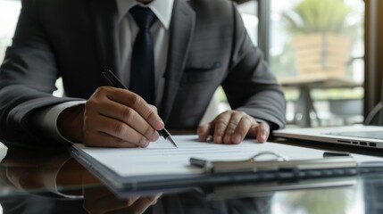 A sharply dressed man confidently signs a document at his desk, exuding professionalism and authority amidst the array of office supplies and his perfectly tied tie