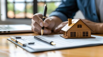 A focused individual seals a deal with a signature on the contract, surrounded by the warmth of a cozy indoor setting, their trusty laptop resting on a polished wooden table