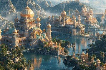 Step into the legendary paradise of Xanadu, where opulence and beauty converge in a utopian landscape of grand palaces, lush gardens, and intricate waterways. Experience timeless splendor amidst majes - obrazy, fototapety, plakaty