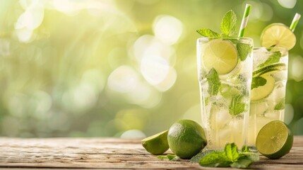 A refreshing summer cocktail, adorned with a variety of limes and a splash of lemon, served over ice for the perfect outdoor drink experience - obrazy, fototapety, plakaty