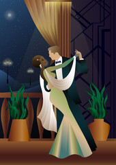 Man and woman dancing on the background of a balcony and lanterns, party, art deco, couple in retro style