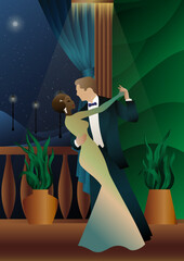 Man and woman dancing on the background of a balcony and lanterns, party, art deco, couple in retro style