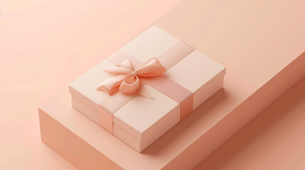 Gift box with ribbon on pastel background. Product mockup template made from luxury neutral materials. Greeting card template with gift box and space for text. View from above.