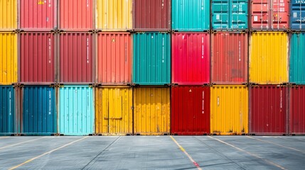 Fototapeta premium set of containers of different colors grouped on top of others on a ship or warehouse in high resolution