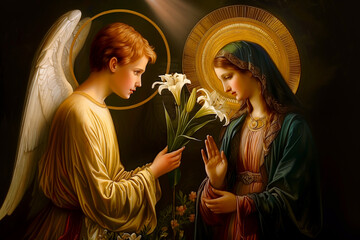 Illustration of the Annunciation of the Blessed Virgin Mary. The archangel Gabriel's greeting to Mary.