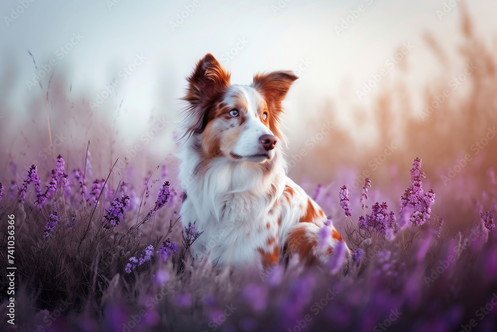 Wall mural portrait of a beautiful dog in the field of flowers. - Wall murals