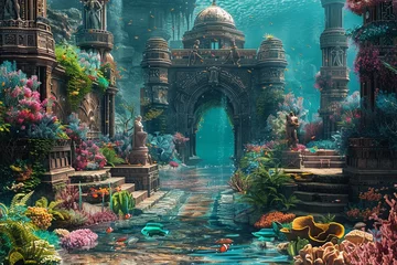 Foto op Canvas Dive into the depths to behold the mythical lost city of Atlantis, a sunken paradise beneath the waves. Explore grand underwater structures, mysterious ruins, and a sense of ancient glory as underwate © Silvana