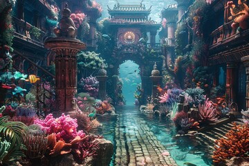 Dive into the depths to behold the mythical lost city of Atlantis, a sunken paradise beneath the waves. Explore grand underwater structures, mysterious ruins, and a sense of ancient glory as underwate - obrazy, fototapety, plakaty