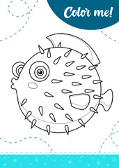Coloring page for kids with cartoon puffer fish.
A printable worksheet, vector illustration.
