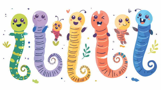 Worm insect icon set. Colorful earthworm. Cartoon