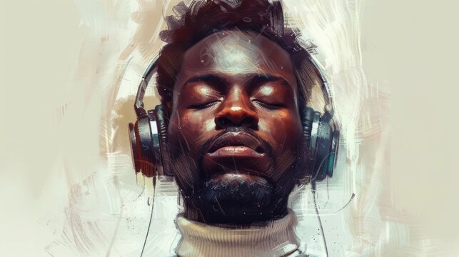 Serene Music Enthusiast: Digital Portrait of Man with Headphones Artistic representation of music enjoyment