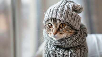 Portrait of kitten wearing woolen hat and jumper with blurred background. generative AI image - obrazy, fototapety, plakaty